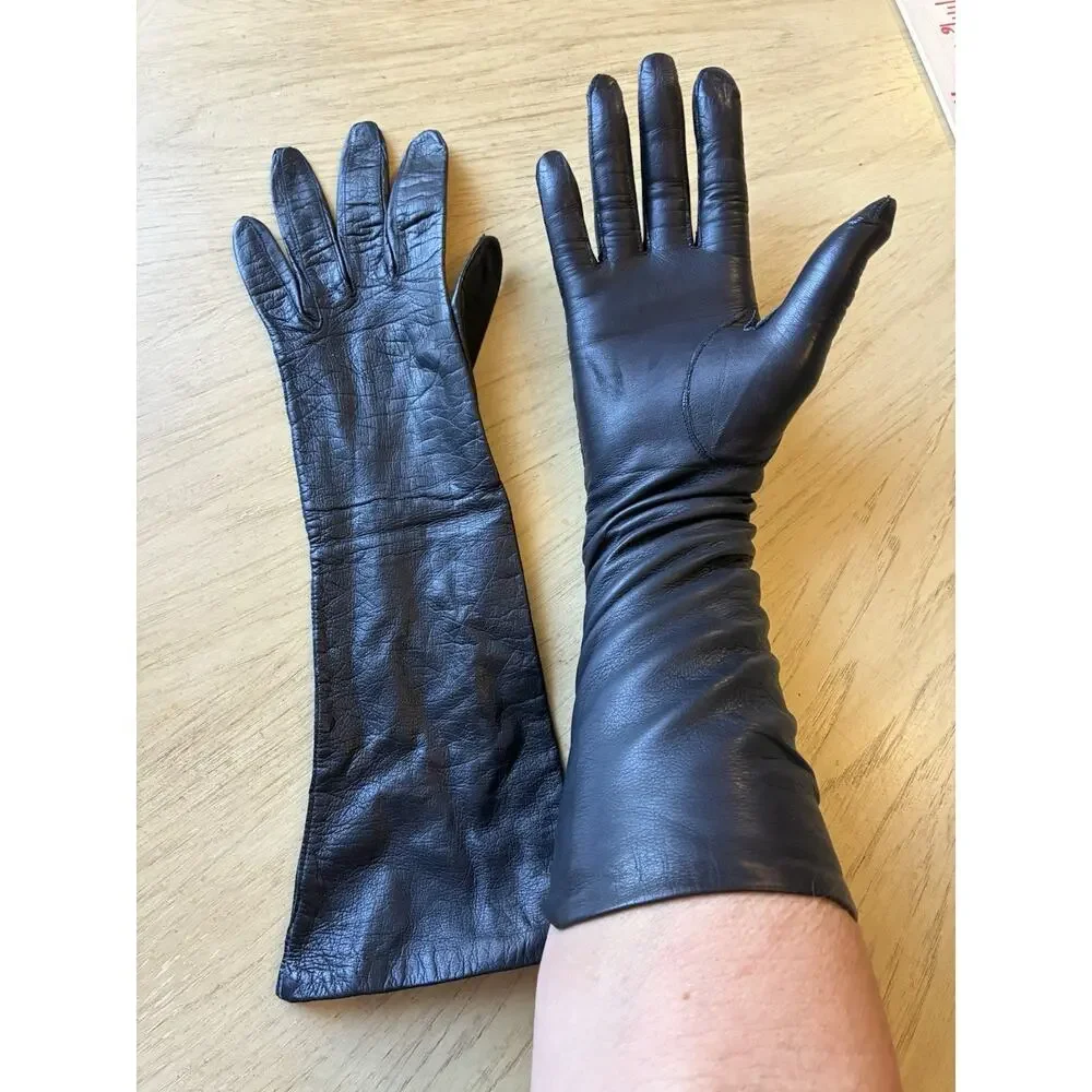 Vtg 50s Black REAL KIDSKIN Leather Gloves Sz 7 Belgium Opera Silk Lined Long 14”